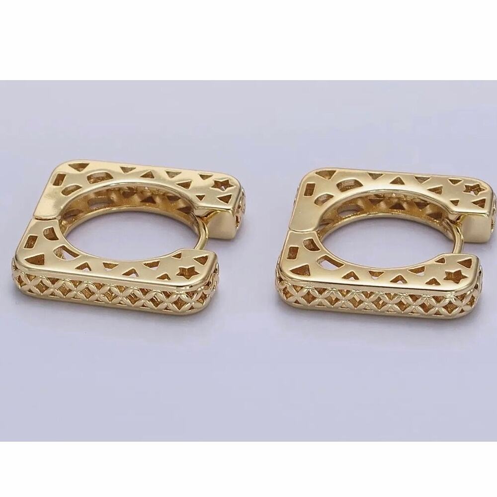 AIM 14K Gold Filled Filigree Star Thin Square Huggie Earrings